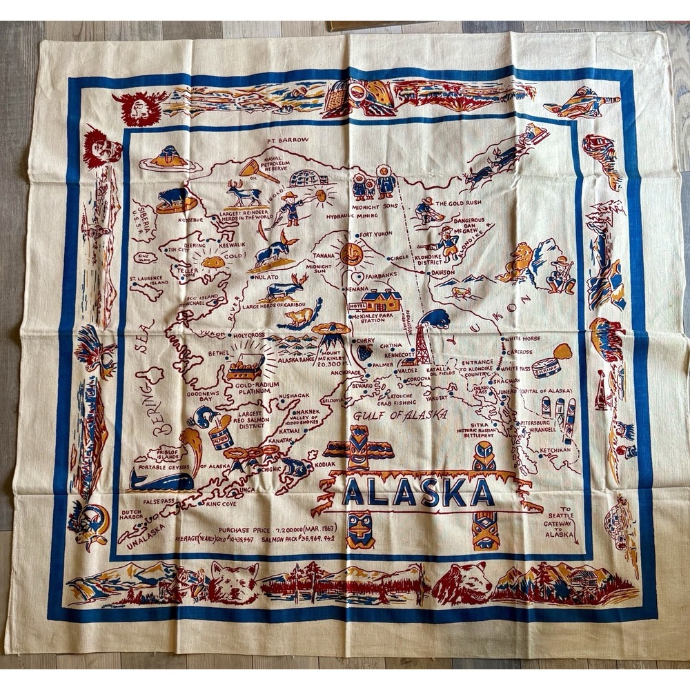 Alaska Territory Cartography 1940s Unused Cactus Cloth Hand Printed New Rare